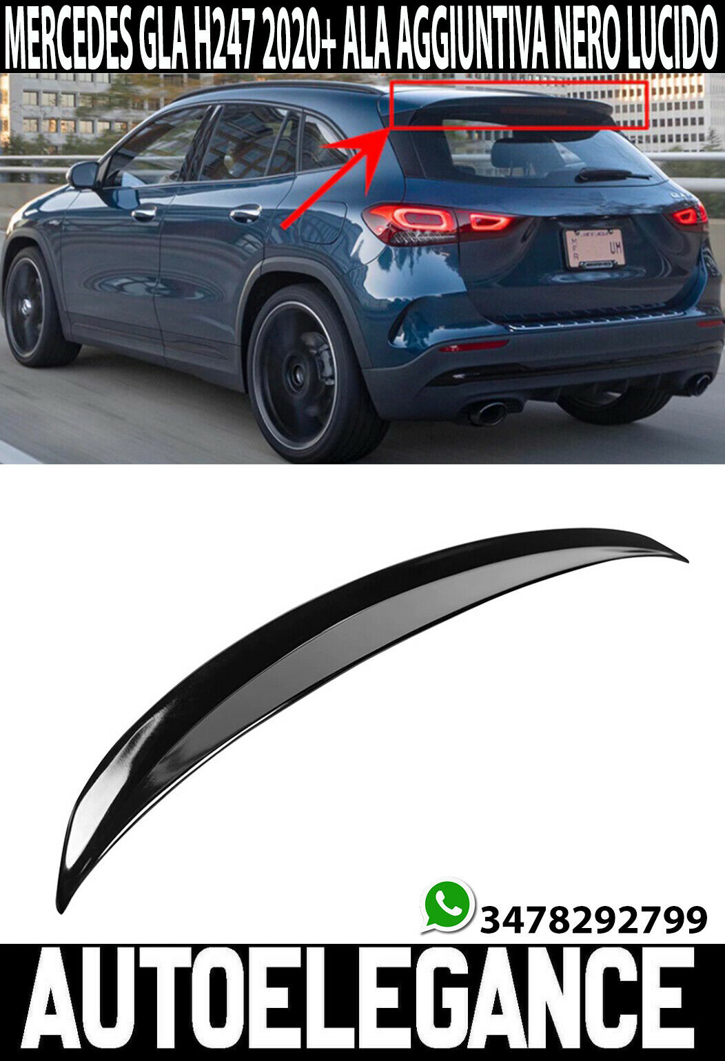 MERCEDES GLA H247 2020+ SPOILER POSTERIORE AMG TETTO AGGIUNTIVA ALA NERO LUCIDO