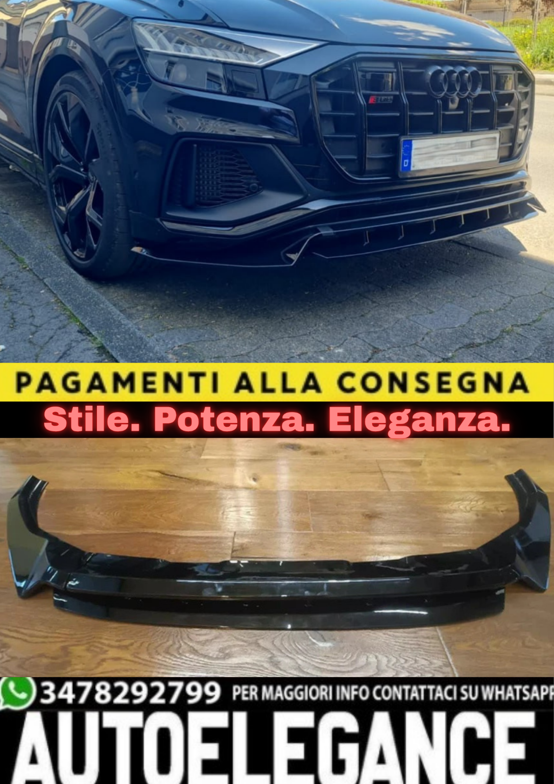 1837 ? Splitter Vorne Schwarz Gl&auml;nzend f&uuml;r Audi Q8 (18&ndash;24) S-LINE / SQ8 &ndash; Look