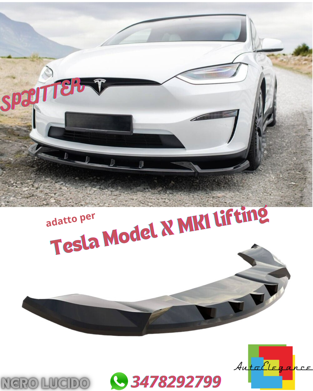 ??SPLITTER ANTERIORE ADATTO PER TESLA MODEL X MK1 LIFTING NERO LUCIDO??