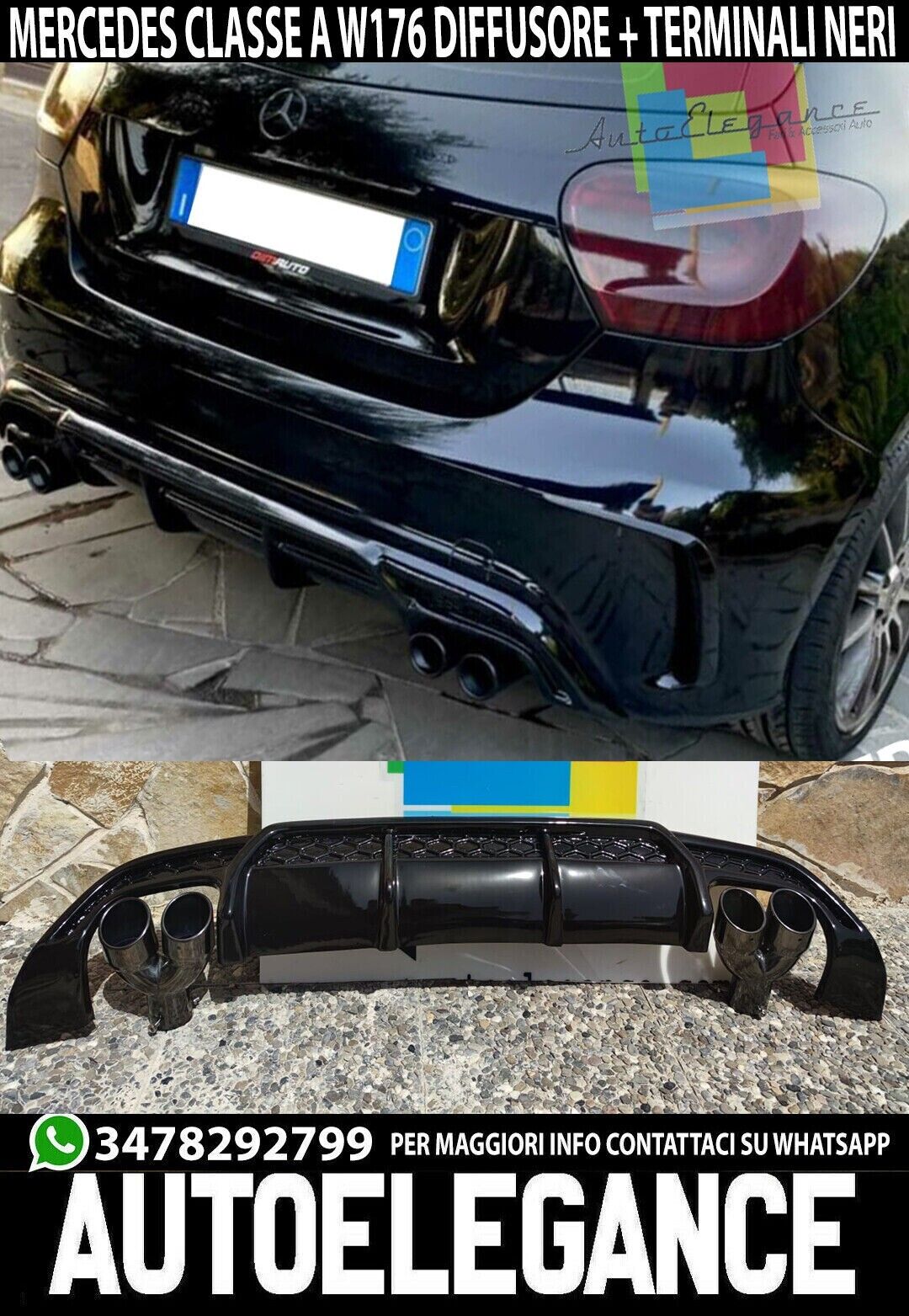 MERCEDES A-KLASSE W176 AMG HECKDIFFUSOR ABS SCHWARZGL&Auml;NZEND + SCHWARZE ANSCHL&Uuml;SS
