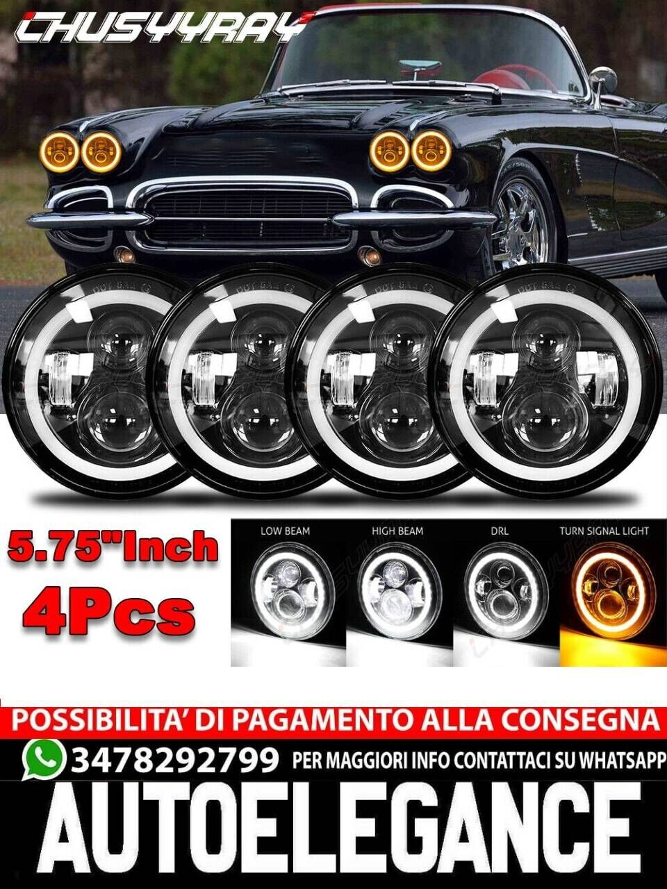 4PCS 5.75inch 5-3/4 Hi Lo Beam LED Headlight Fit Chevy Corvette C1 C2 1964-1982