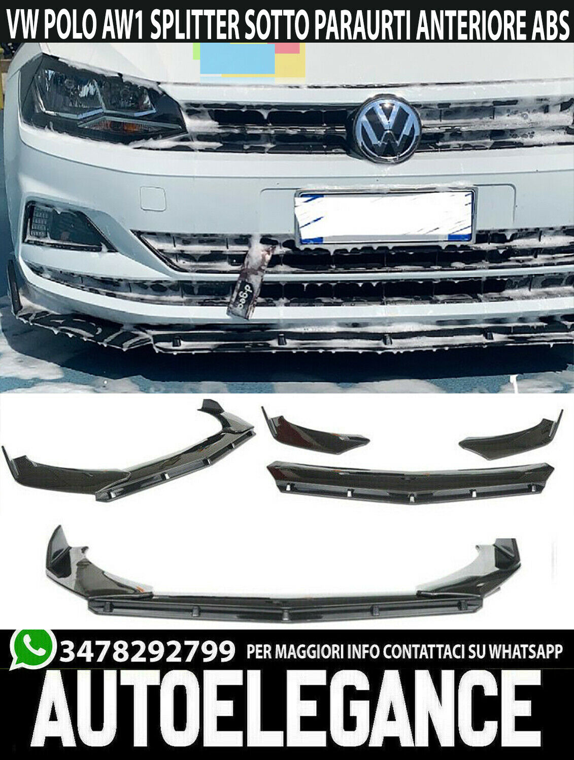 LAMA ADATTA A VW POLO AW1 2017+ SPLITTER SOTTO PARAURTI ANTERIORE NERO LUCIDO