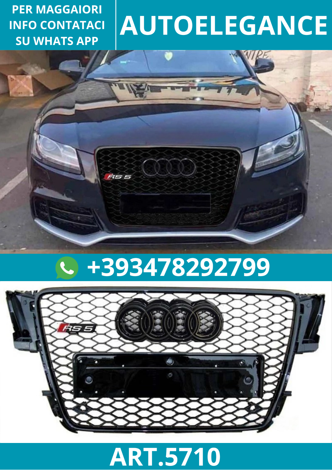 ART.5710 RS5-FRONTGRILL IN GLANZSCHWARZ FÜR AUDI A5 B8 8K 2007–2011