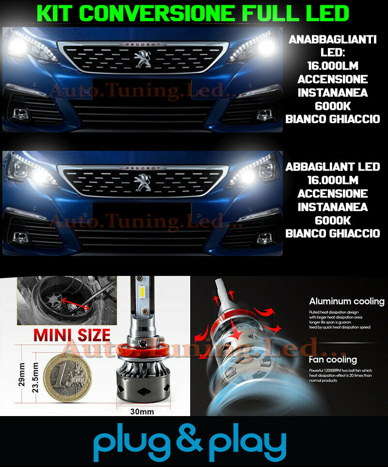 Peugeot 308 Restyling Set LED Ampoules Feux + Croisement 16.000LUMEN