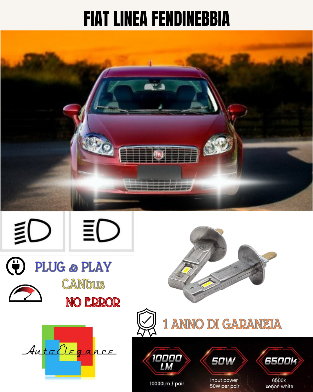 KIT LED H1 FIAT LINEA FENDINEBBIA 6000K BIANCO 6000 LUMEN