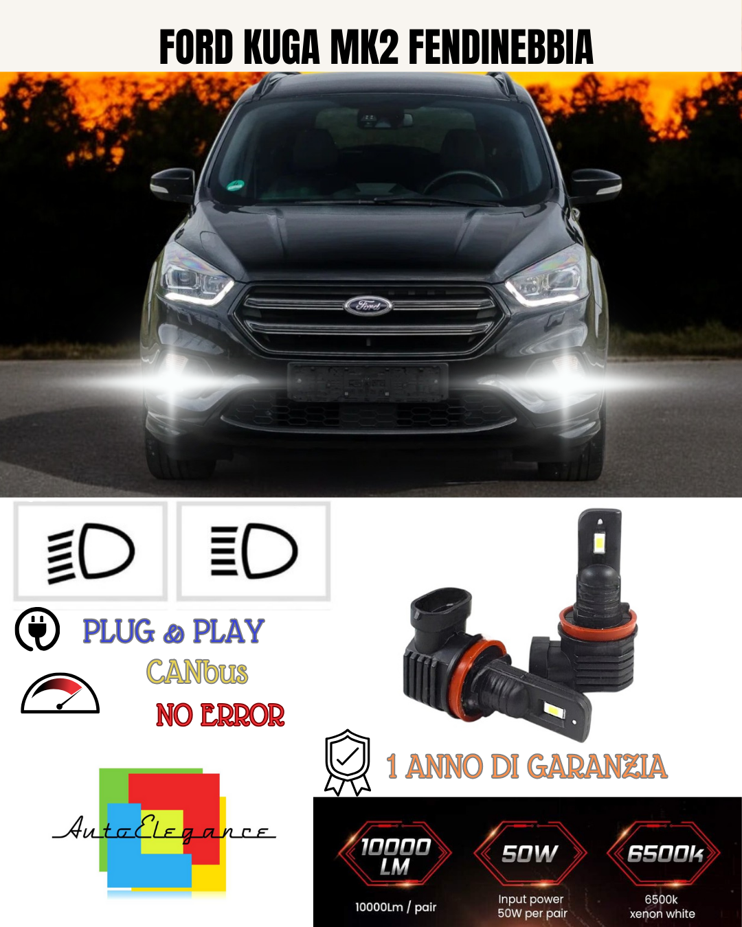KIT LED H11 FORD KUGA MK2 FENDINEBBIA 6000K BIANCO 6000 LUMEN