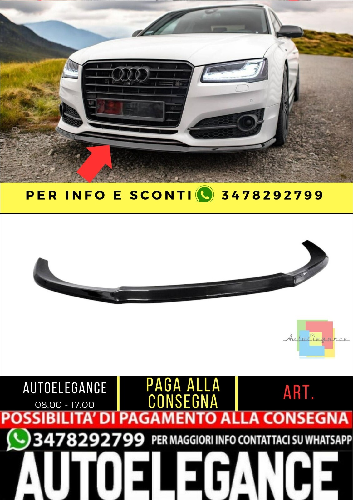 ?SPLITTER V2 design nero lucido ABS per Audi S8 D4 2015-2017?