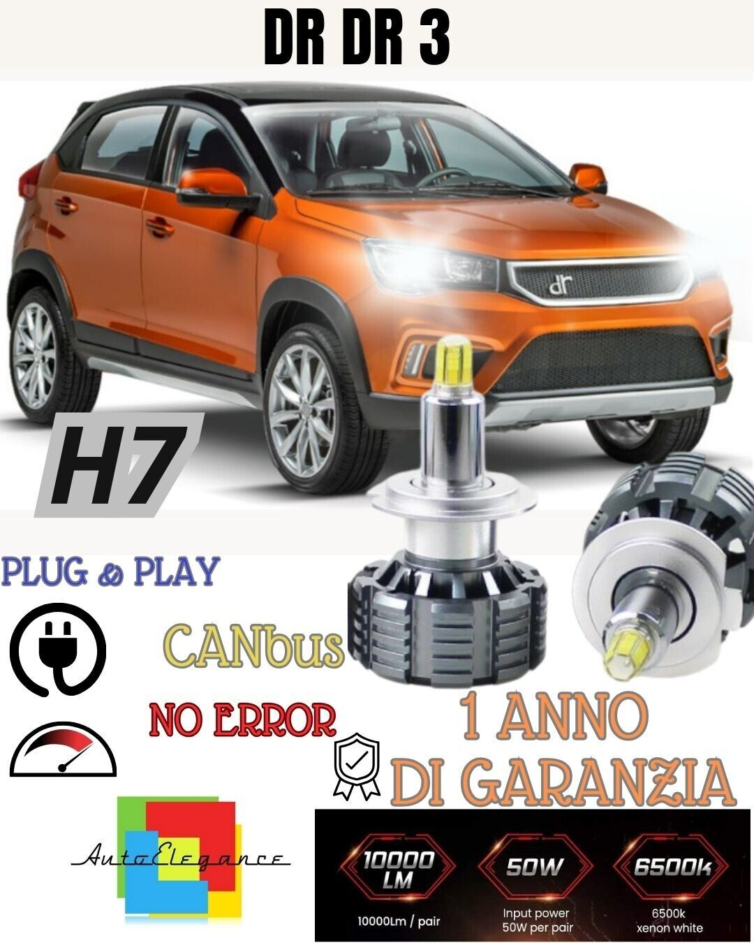 KIT LED H7 DR3 DR 3 9600 LUMEN 80W CANBUS NO ERRORE 6000K BIANCO GHIACCIO