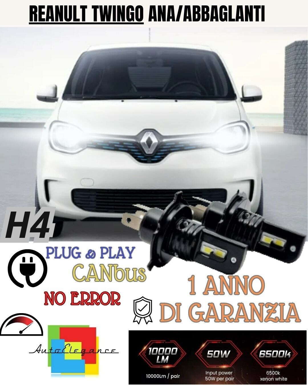 KIT H4 A LED PER REANULT TWINGO MK2 RESTYLING LED H4 6000K XENON BIANCO