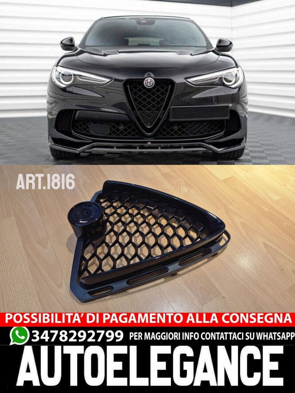 1816 Gitter Geeignet f&uuml;r Alfa Romeo Stelvio 949 2016-2023 Schwarz Gl&auml;nzend