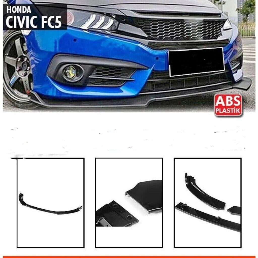 HONDA CIVIC X 2015+ PARE-CHOC AVANT SOUS GLOSS BLACK ABS SPLITTER 3PCS