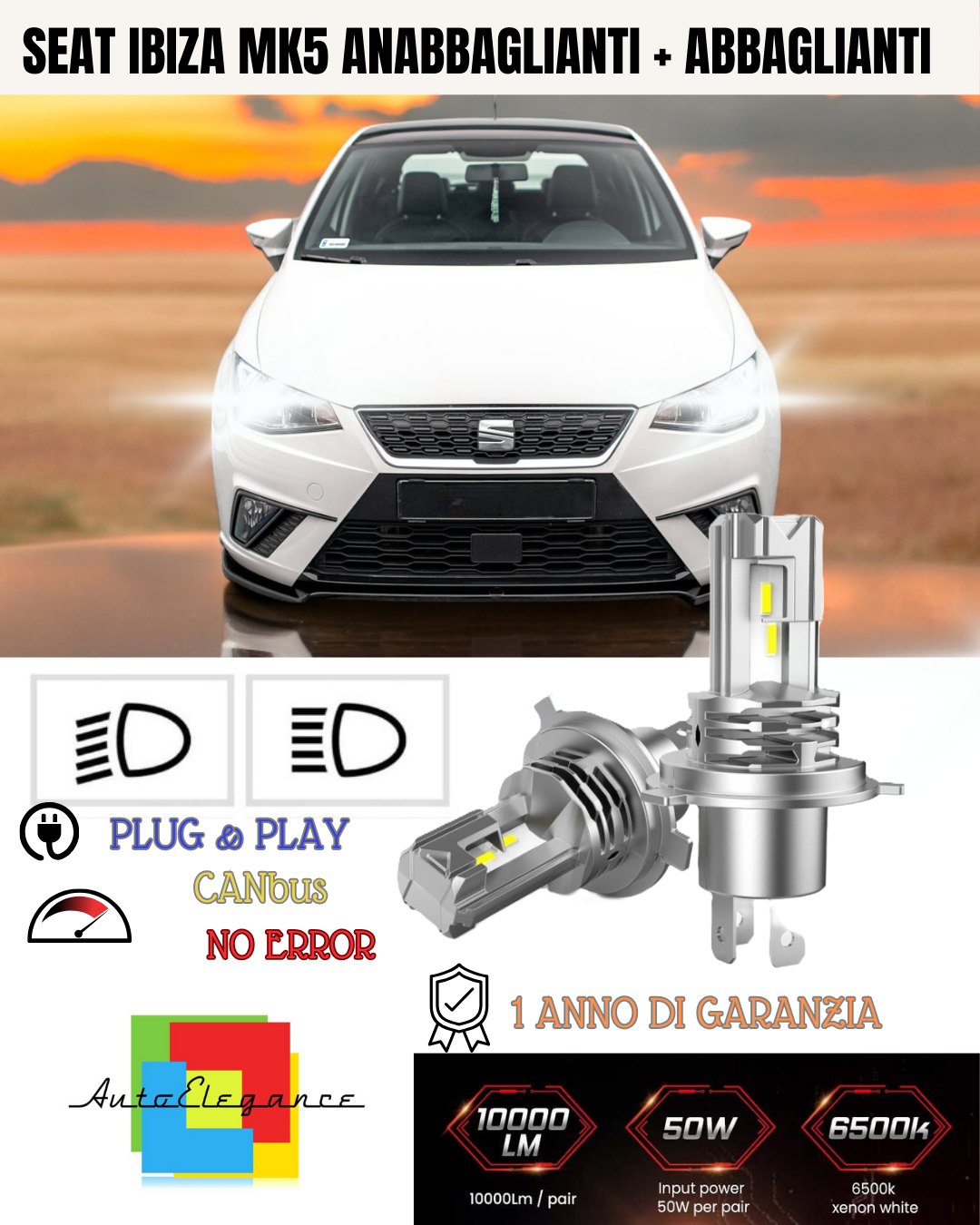 KIT LED H7 PER SEAT IBIZA MK5 6000K BIANCO 6000 LUMEN CANBUS ANABBAGLIANTI