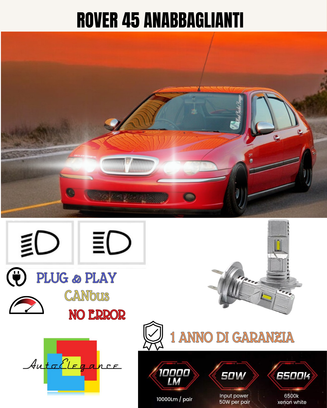 KIT FULL LED ROVER 45 H7 6000K BIANCO 6000 LUMEN ANABBAGLIANTI