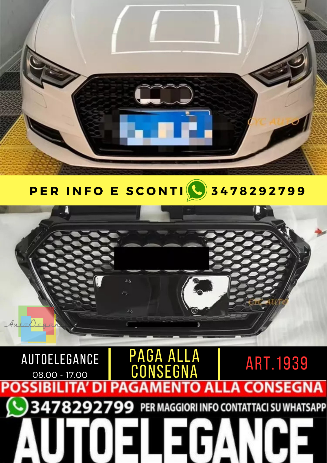 ?GRIGLIA ADATTA PER A3 8V 2016-2020 LOOK RS3 QUATTRO NERO LUCIDO?