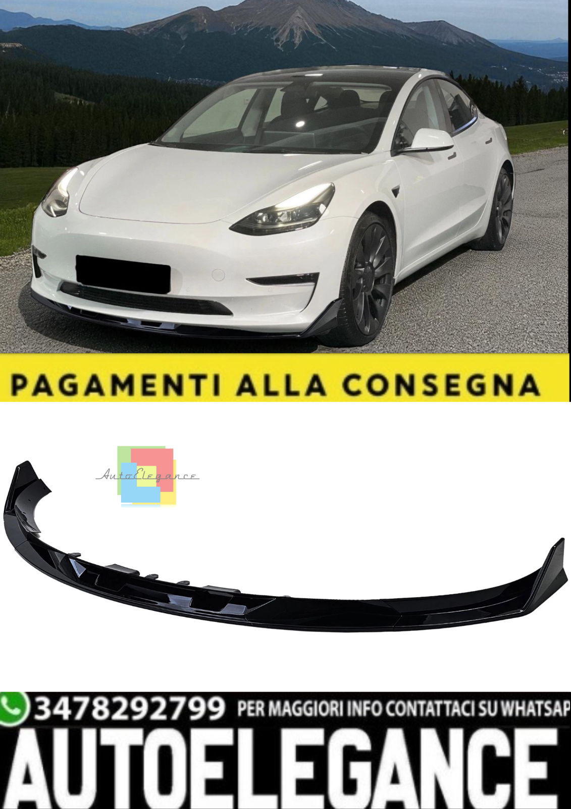 Spoiler Delantero De Rendimiento Negro Brillante Para Tesla Model 3 (2018+)