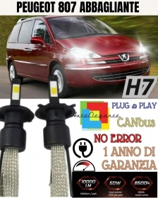 KIT ABBAGLIANTE A LED PEUGEOT 807 LED H7 6000K 6400 LUMEN BIANCO NO ERROR