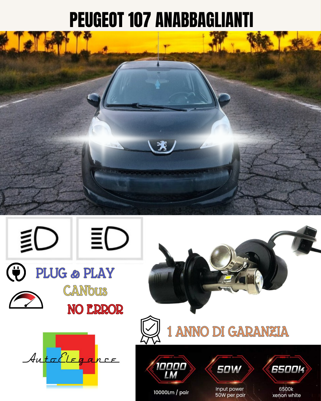 KIT BI-LED H4 PER PEUGEOT 107 18000 LUMEN 6000K
