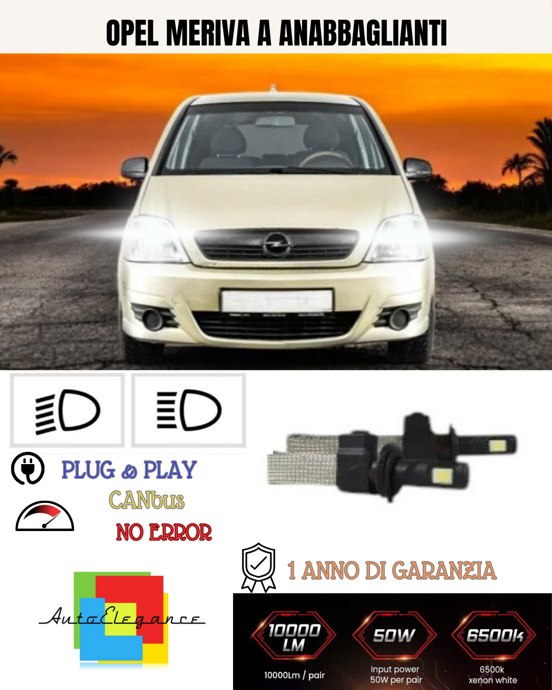 KIT LED H7 PER OPEL MERIVA A 6000K BIANCO ANABBAGLIANTI
