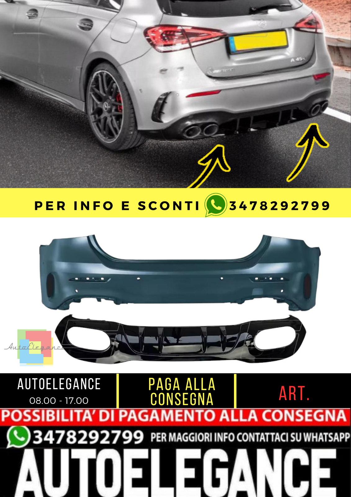 🔥Paraurti posteriore A45 AMG Look per Mercedes Classe A W177 Hatchback 18-On🔥