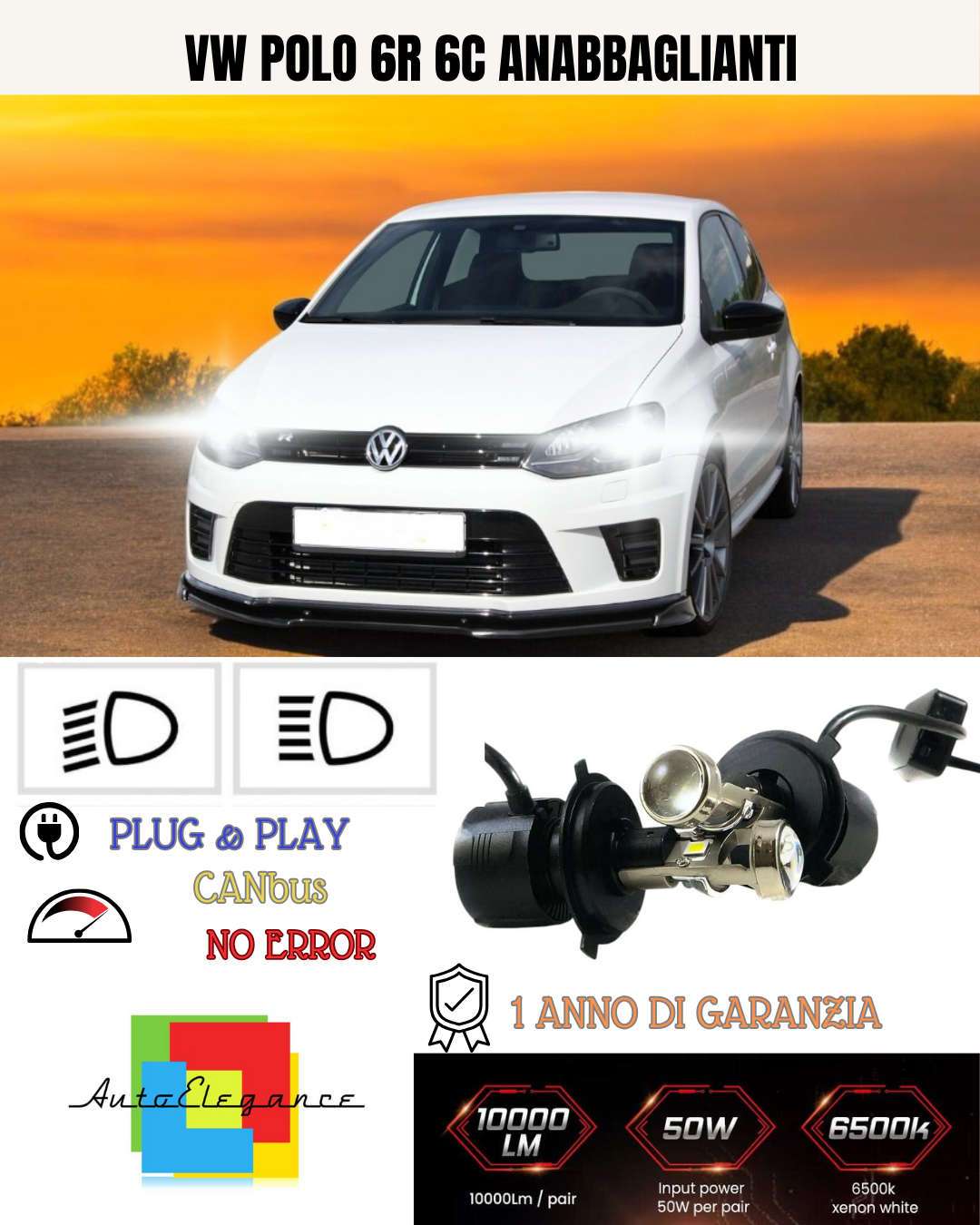 KIT BI-LED H4 PER VW POLO 6R 6C 18000 LUMEN 6000K