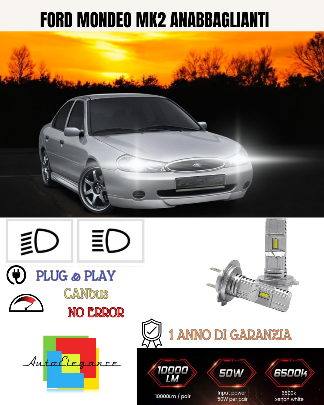 KIT FULL LED FORD MONDEO MK2 H7 6000K BIANCO ANABBAGLIANTI