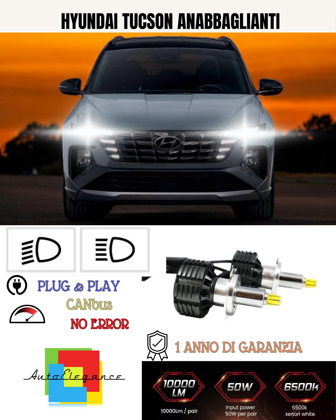 KIT LED H7 PER HYUNDAI TUCSON BIANCO 9600 LUMEN 6000K ANABBAGLIANTI
