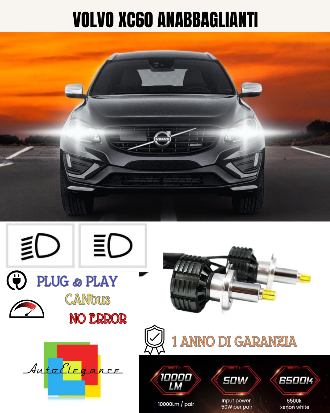 KIT LED H7 PER VOLVO XC60 BIANCO 9600 LUMEN 6000K ANABBAGLIANTI