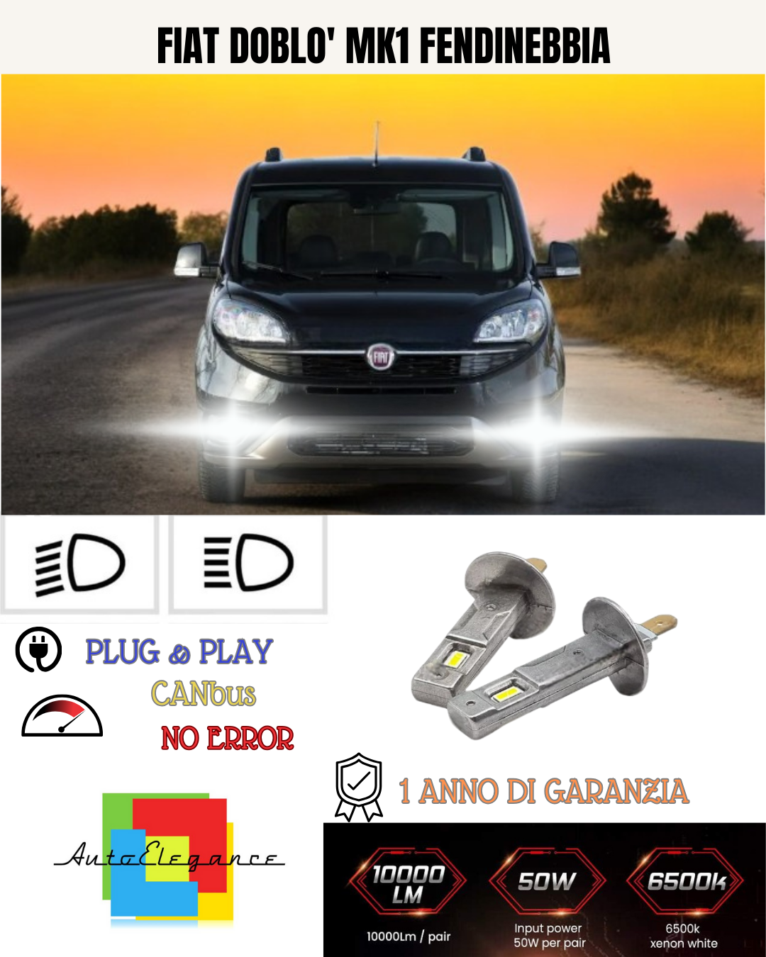 KIT LED H1 FIAT DOBLO' MK1 FENDINEBBIA 6000K BIANCO 6000 LUMEN