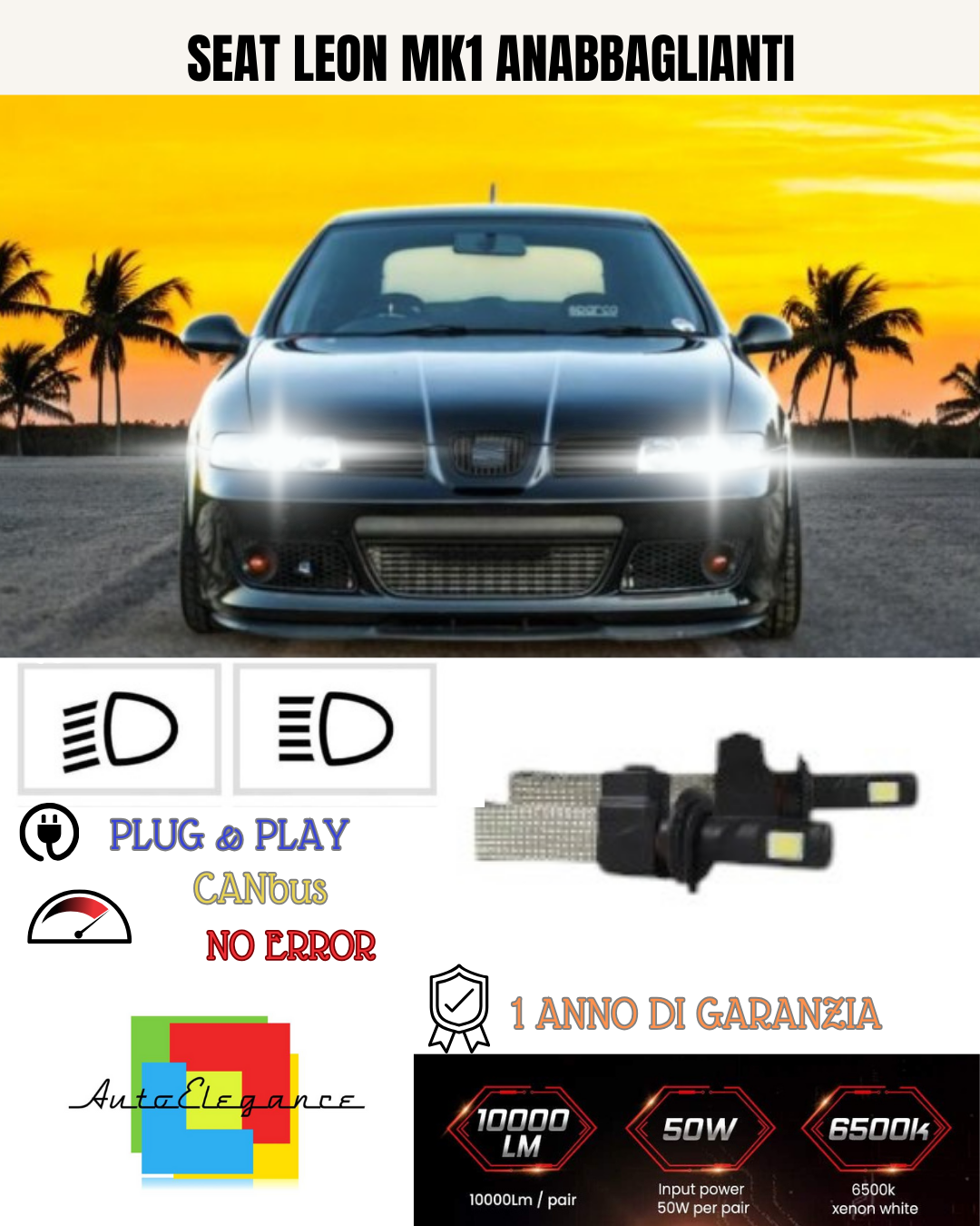 KIT LED H7 PER SEAT LEON MK1 6000K BIANCO  ANABBAGLIANTI