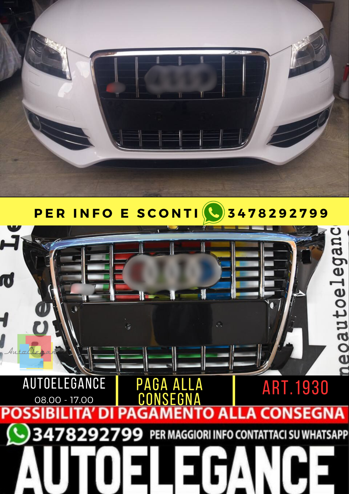 ⭐1930 GRIGLIA ADATTO PER AUDI A3 8P 2008-2012 LOOK S3 NERO LUCIDO ⭐