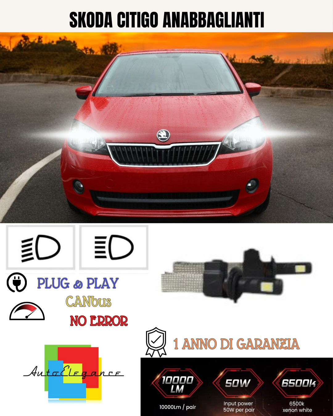 KIT LED H7 PER SKODA CITIGO 6000K BIANCO  ANABBAGLIANTI