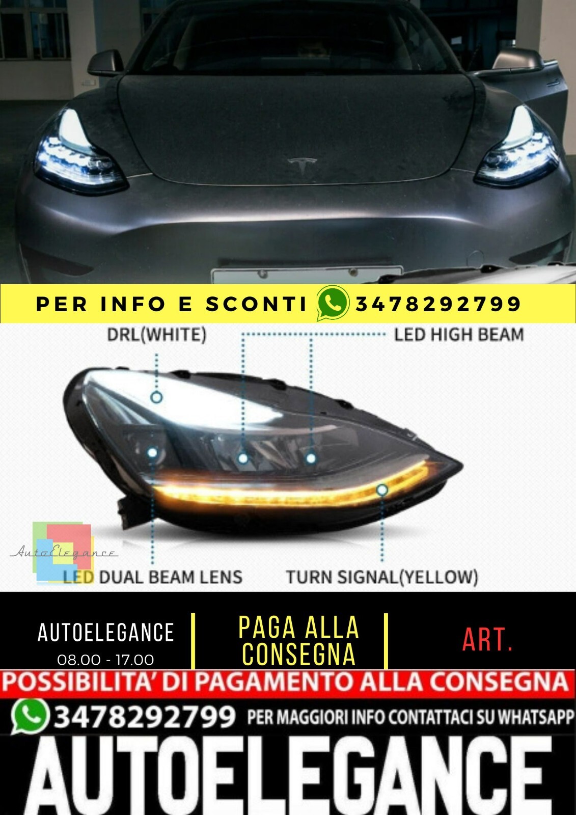 Fari anteriori a LED DRL con riflettore per Tesla Model 3 2017-23