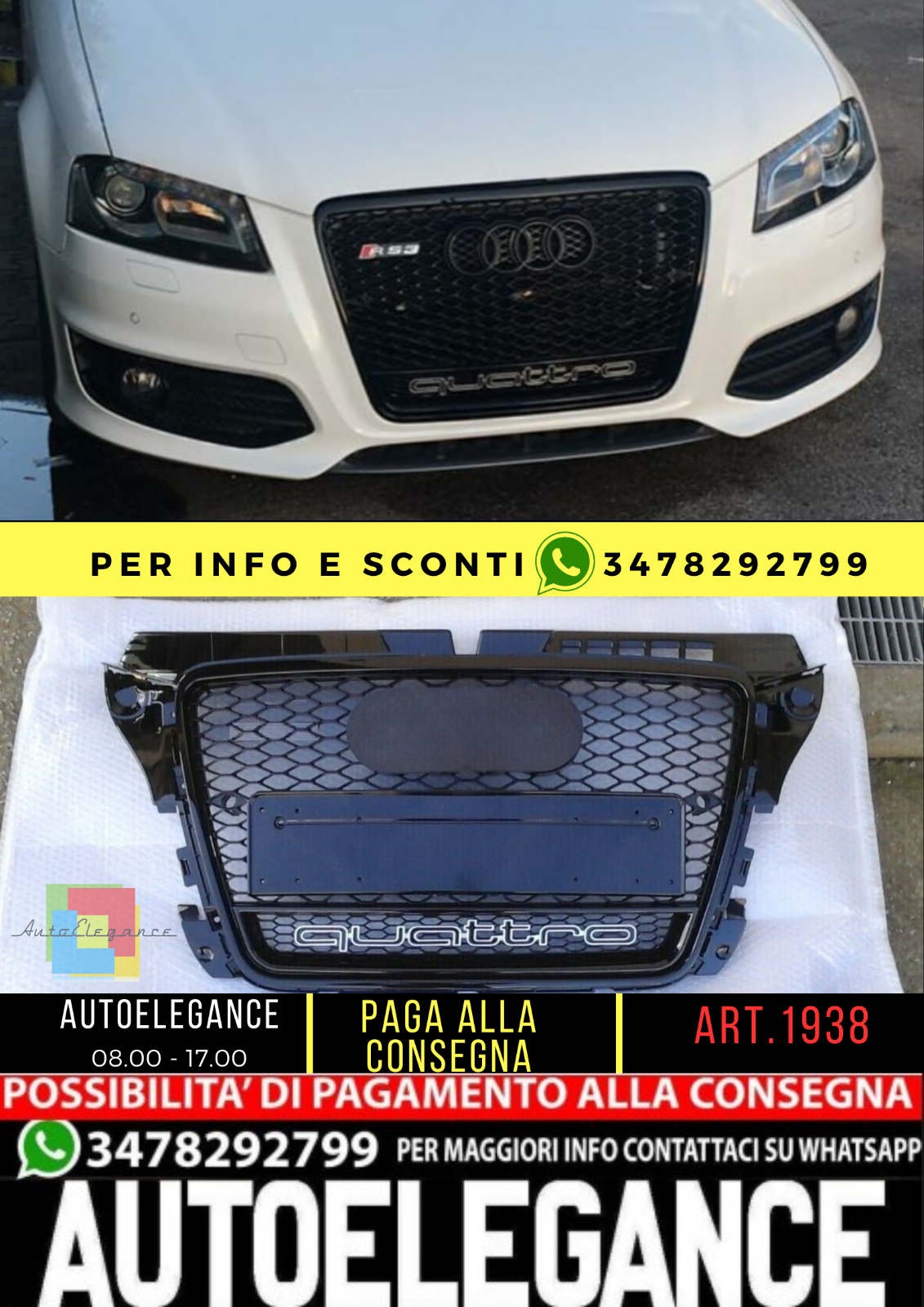 ⭐1938 GRIGLIA A3 8P 2008-2012 LOOK RS3 QUATTRO NERO LUCIDO⭐