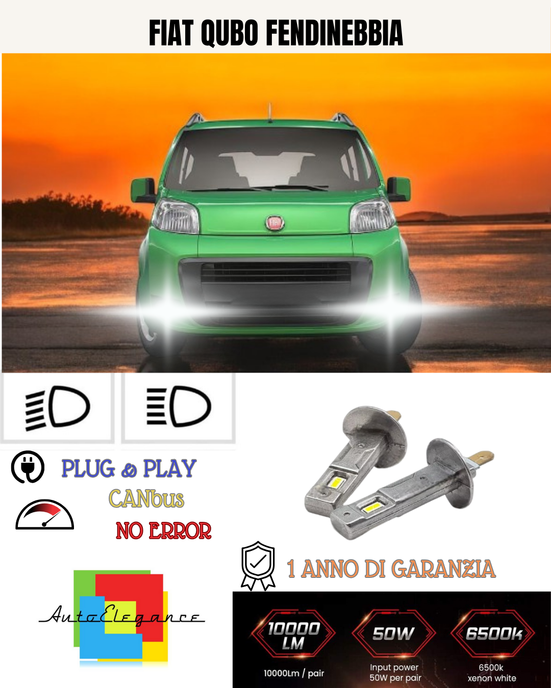 KIT LED H1 FIAT QUBO FENDINEBBIA 6000K BIANCO 6000 LUMEN