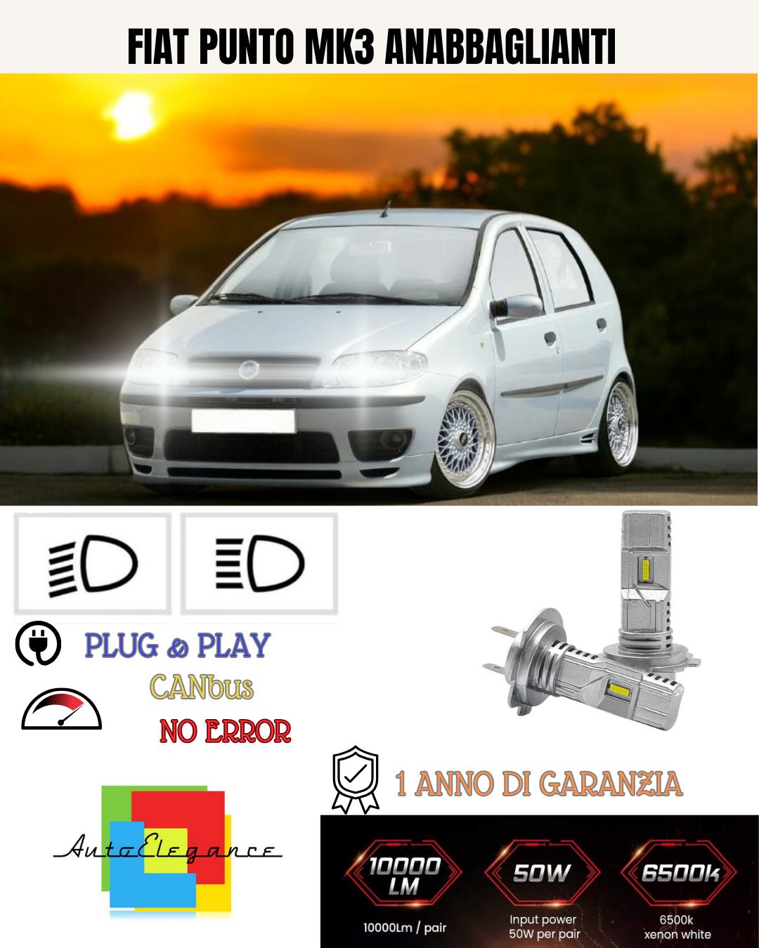 KIT FULL LED FIAT PUNTO MK3 H7 6000K BIANCO 6000 LUMEN ANABBAGLIANTI