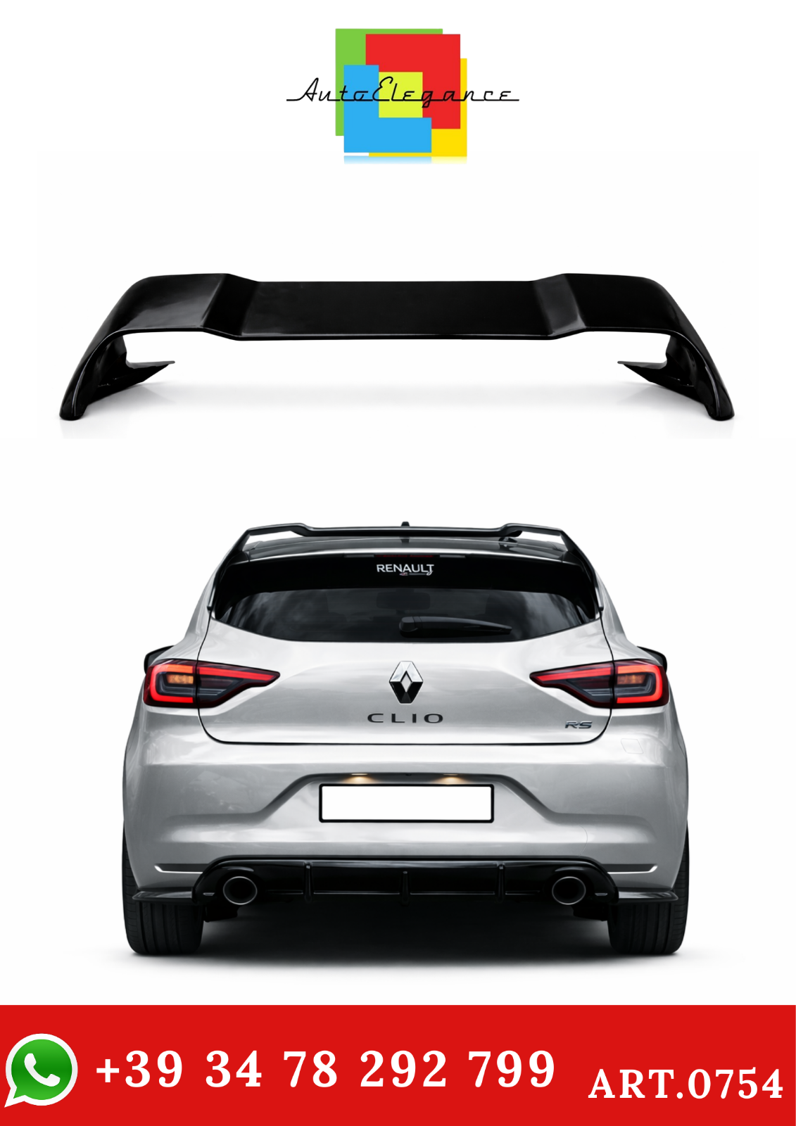 ⭐0754 SPOILER NERO LUCIDO ADATTO PER RENAULT CLIO 5 2019+ STANDARD LOOK RS ⭐