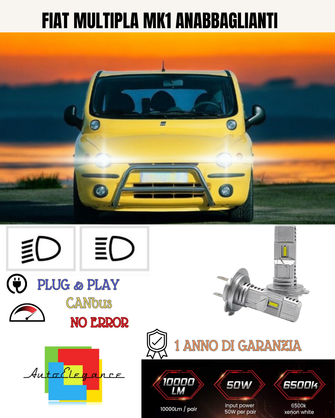 KIT FULL LED FIAT MULTIPLA MK1 H7 6000K BIANCO ANABBAGLIANTI