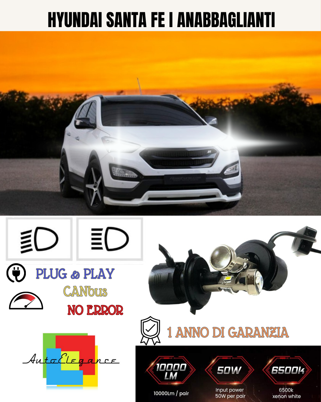 KIT BI-LED H4 PER HYUNDAI SANTA FE I 18000 LUMEN 6000K
