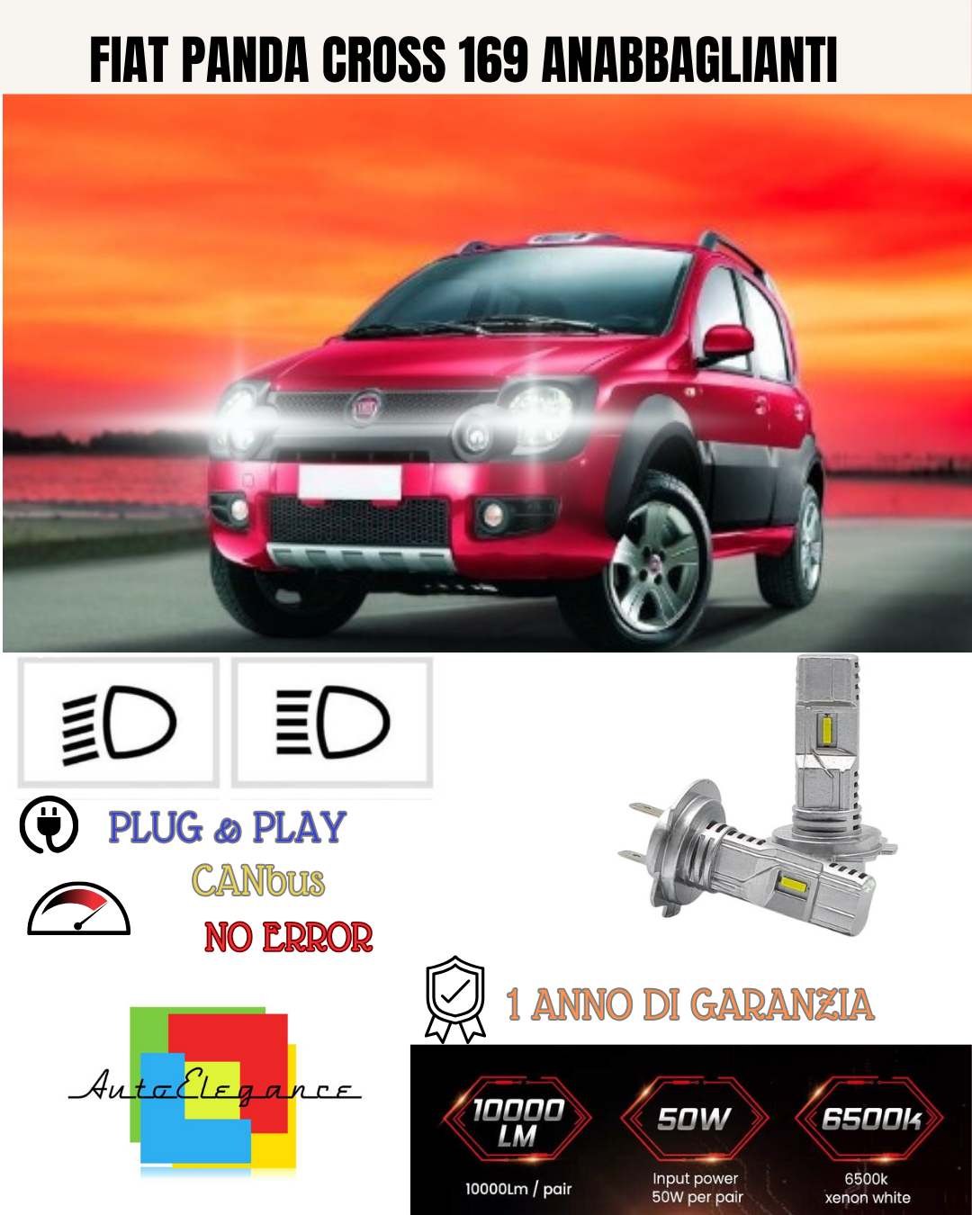 KIT FULL LED FIAT PANDA CROSS 169 H7 6000K BIANCO ANABBAGLIANTI