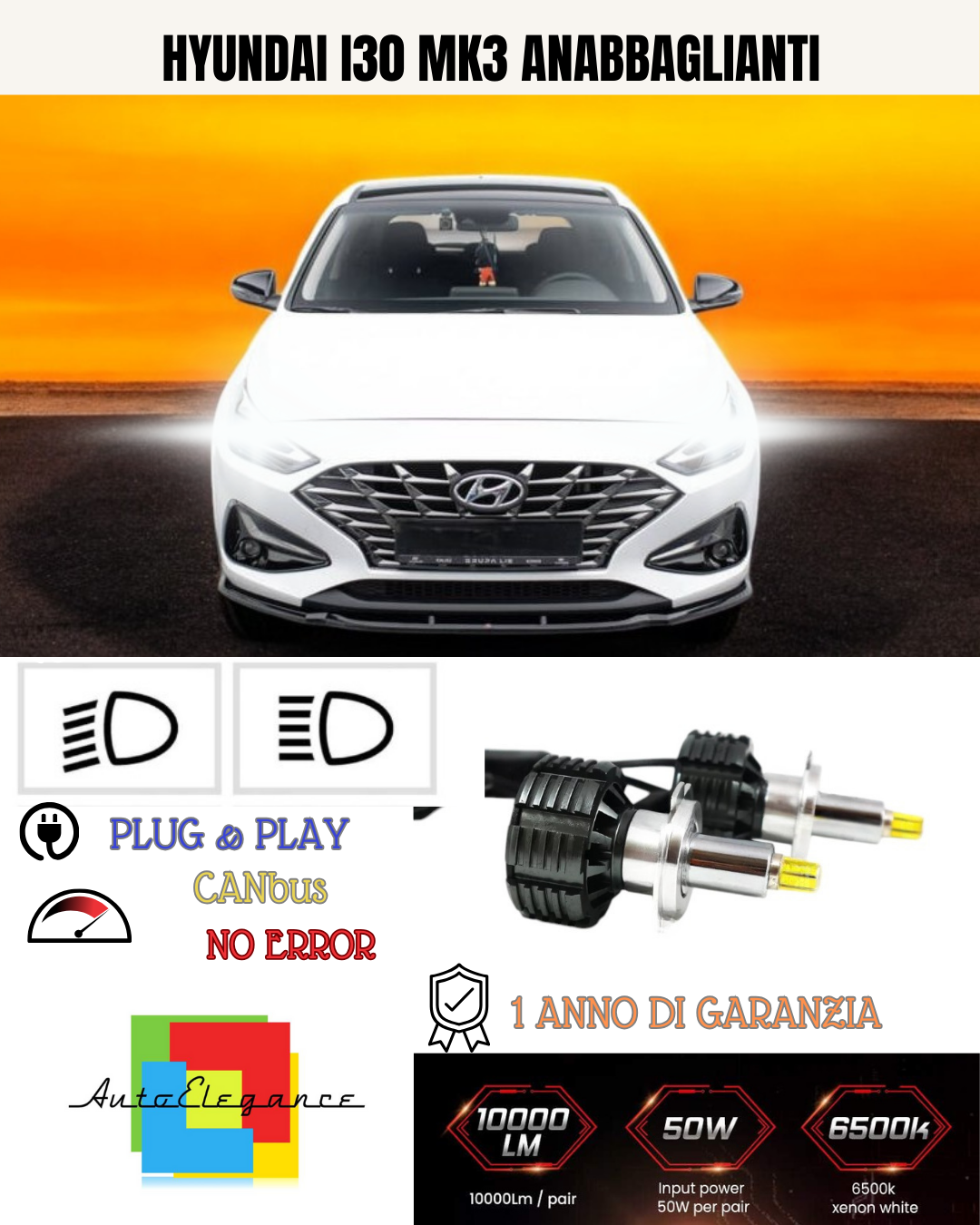 KIT LED H7 PER HYUNDAI I30 MK3 BIANCO 9600 LUMEN 6000K ANABBAGLIANTI