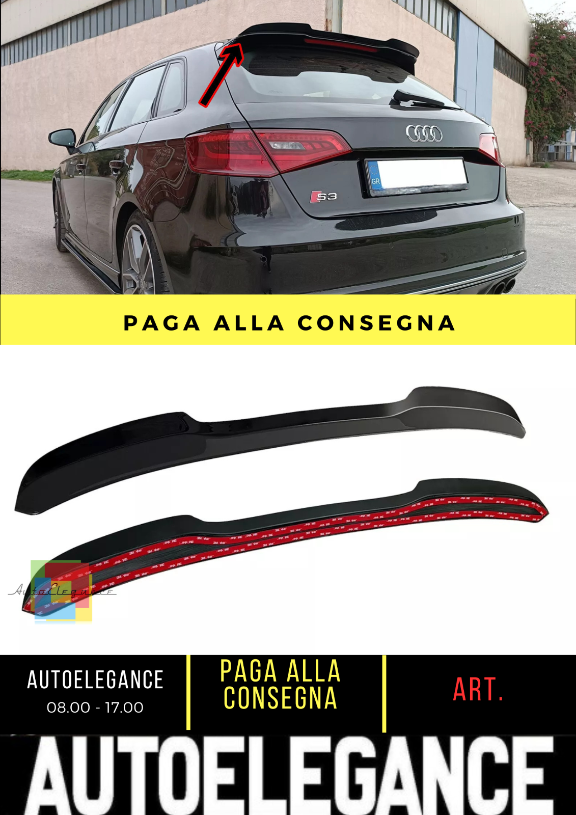 💕SPOILER TETTO ESTENIONE ADATTO PER AUDI S3 / A3 S-LINE 8V NERO LUCIDO ABS💕