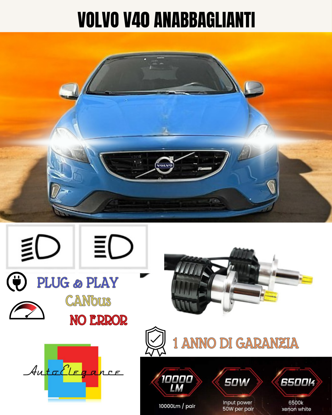 KIT LED H7 PER VOLVO V40 BIANCO 9600 LUMEN 6000K ANABBAGLIANTI