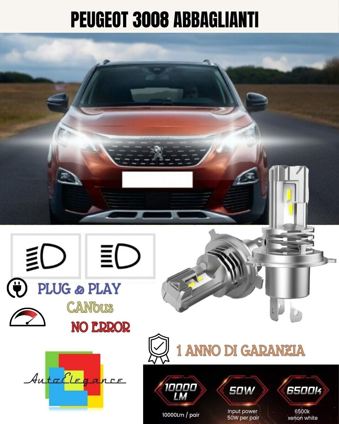 Kit Led H7 Para Peugeot 3008 Mpv 6000K Blanco 6000 Lumen Canbus Abbaglianti
