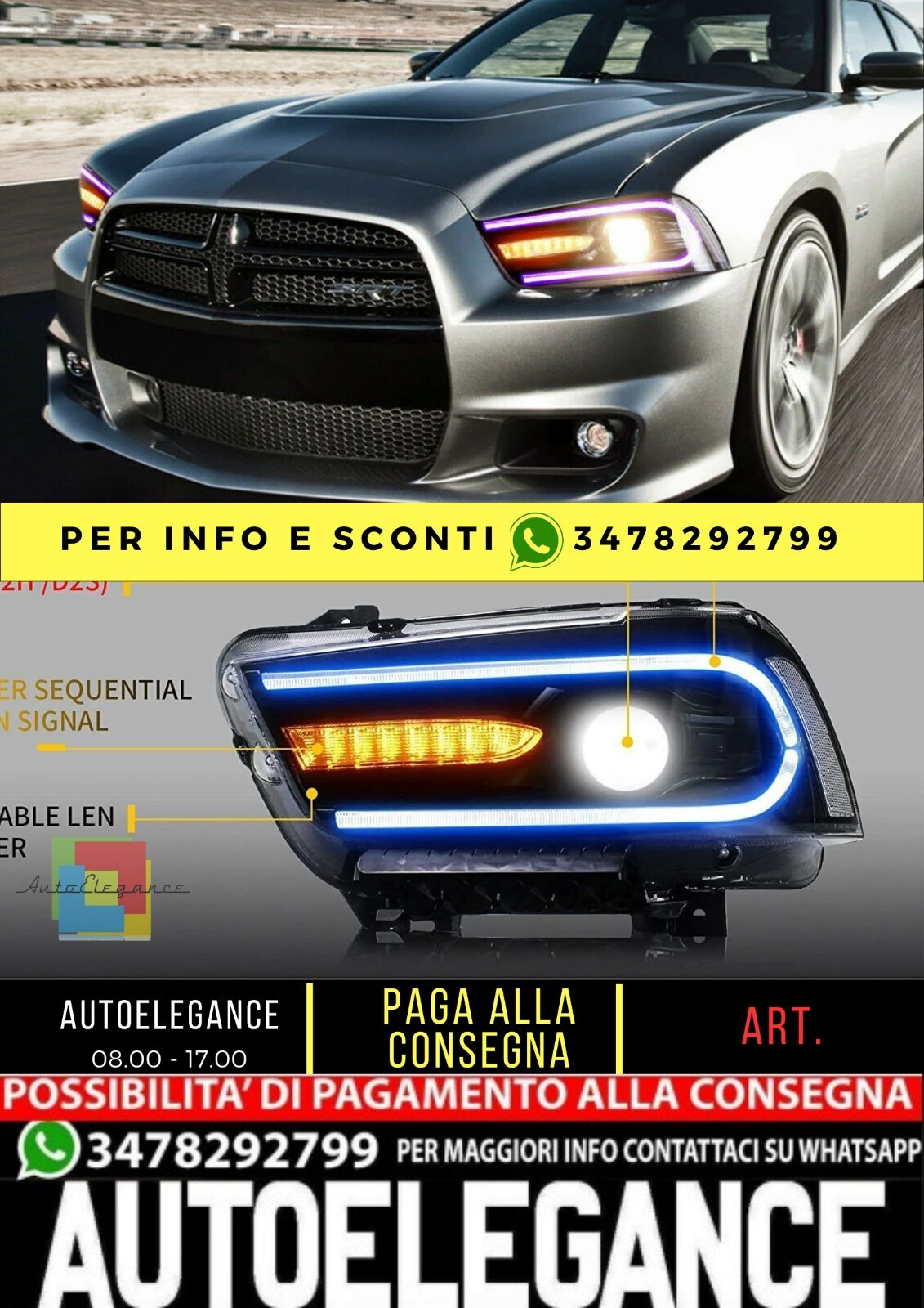 Fari anteriori a LED RGB per Dodge Charger 2011-2014 neri a doppio fascio