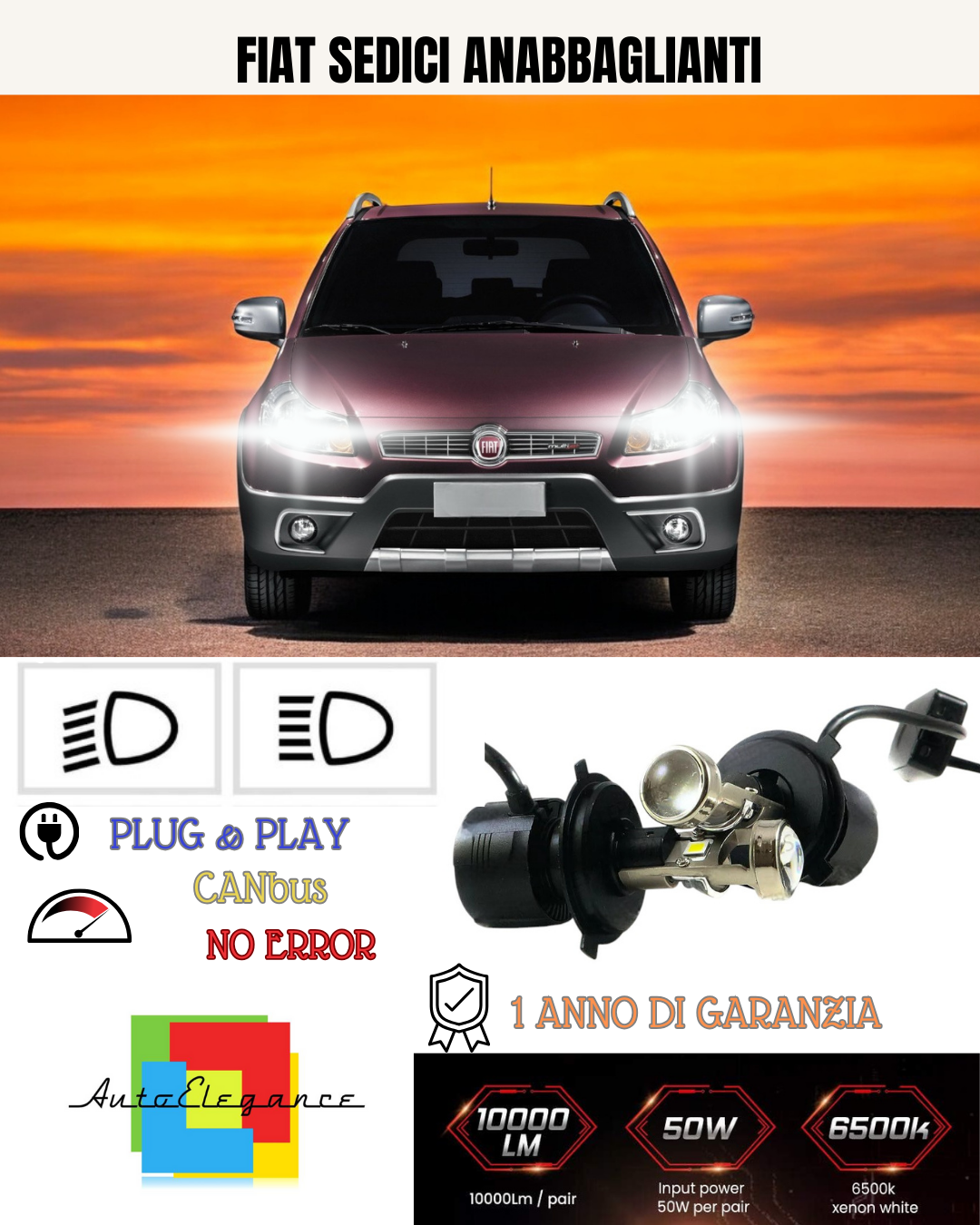 KIT BI-LED H4 PER  FIAT SEDICI 18000 LUMEN 6000K
