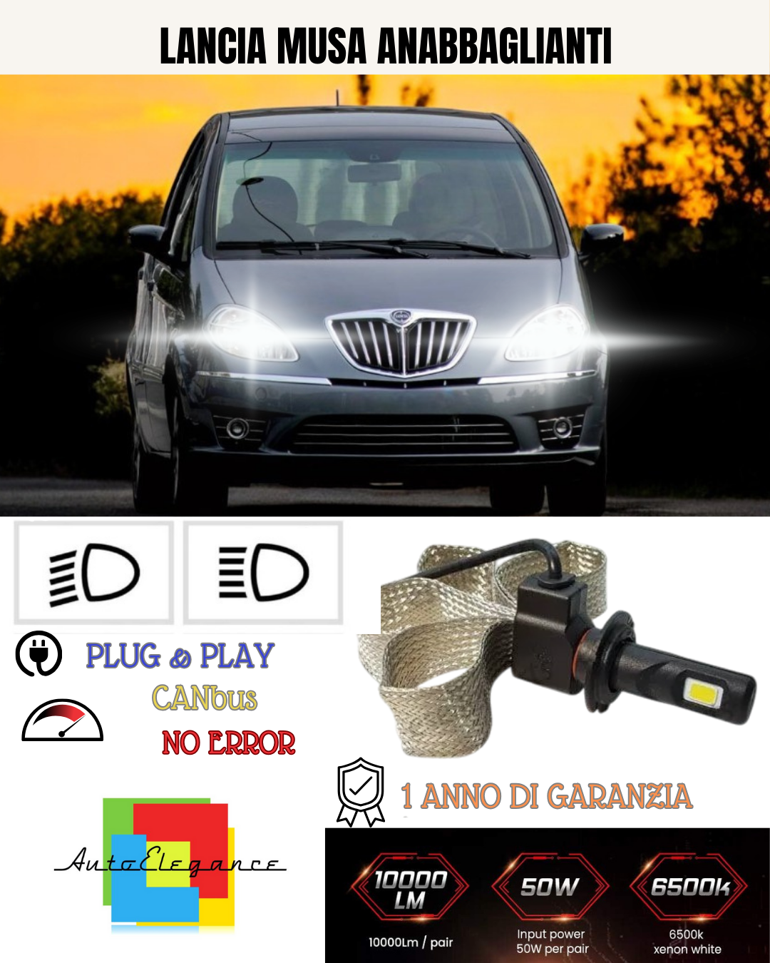 KIT LED H7 PER LANCIA MUSA 6000K BIANCO  ANABBAGLIANTI