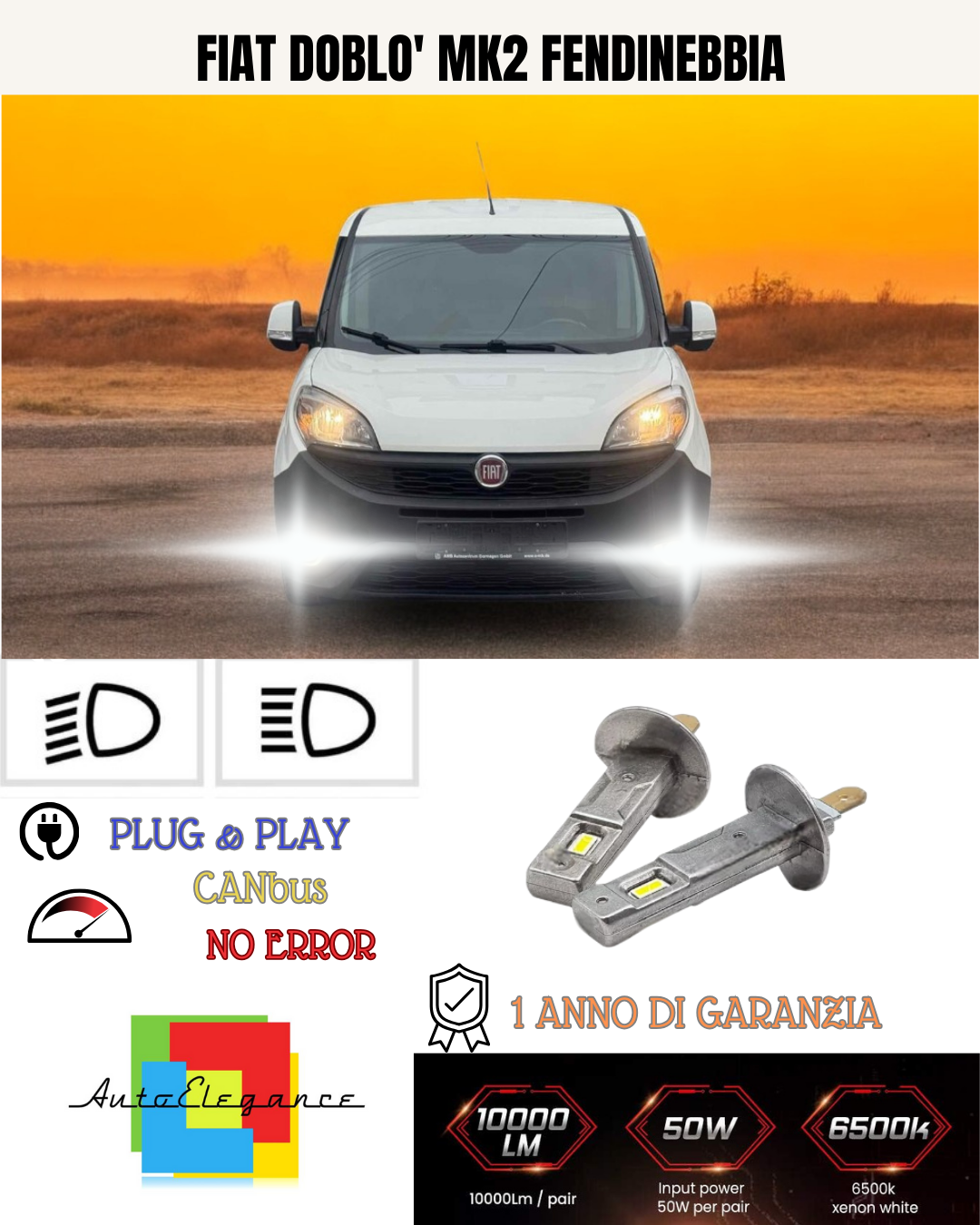 KIT LED H1 FIAT DOBLO' MK2 FENDINEBBIA 6000K BIANCO 6000 LUMEN