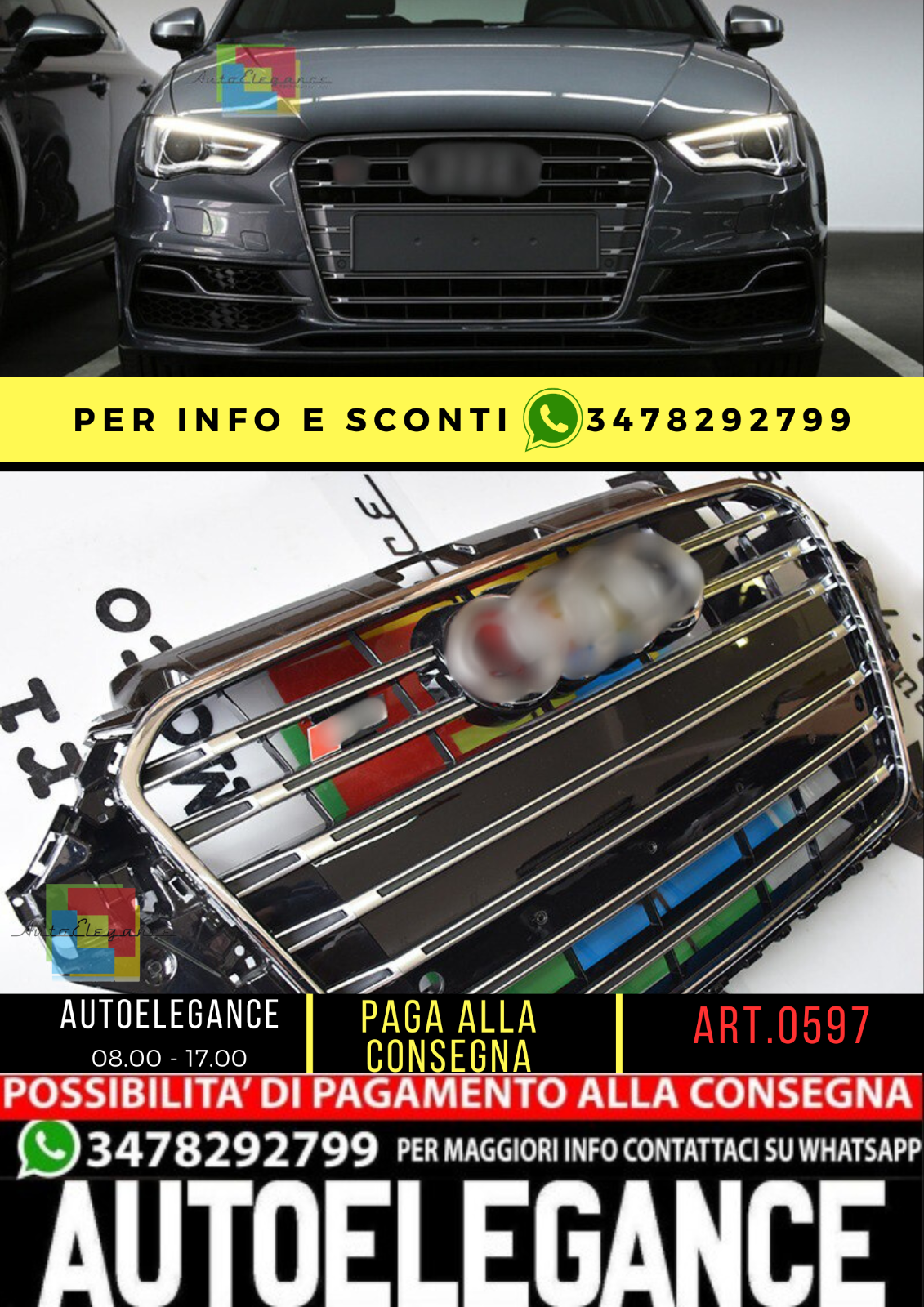 ⭐0597 GRIGLIA A3 8V 2012-2016 LOOK S3 NERA PROFILI CROMATI⭐