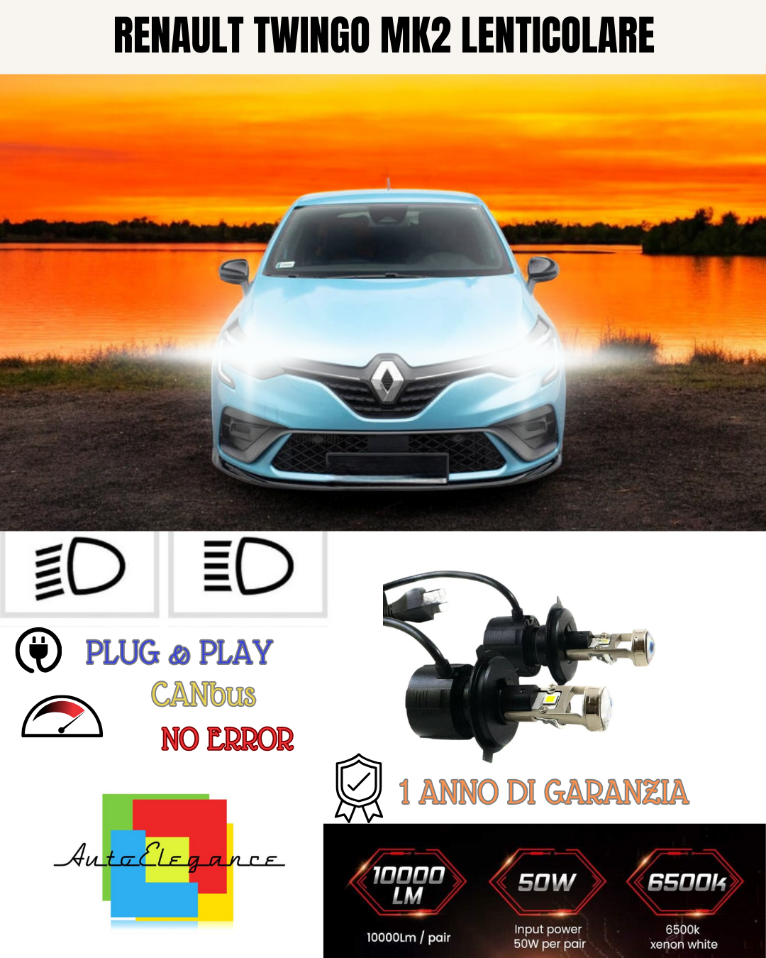 KIT BI-LED H4 RENAULT TWINGO MK2 6000K BIANCO LENTICOLARE