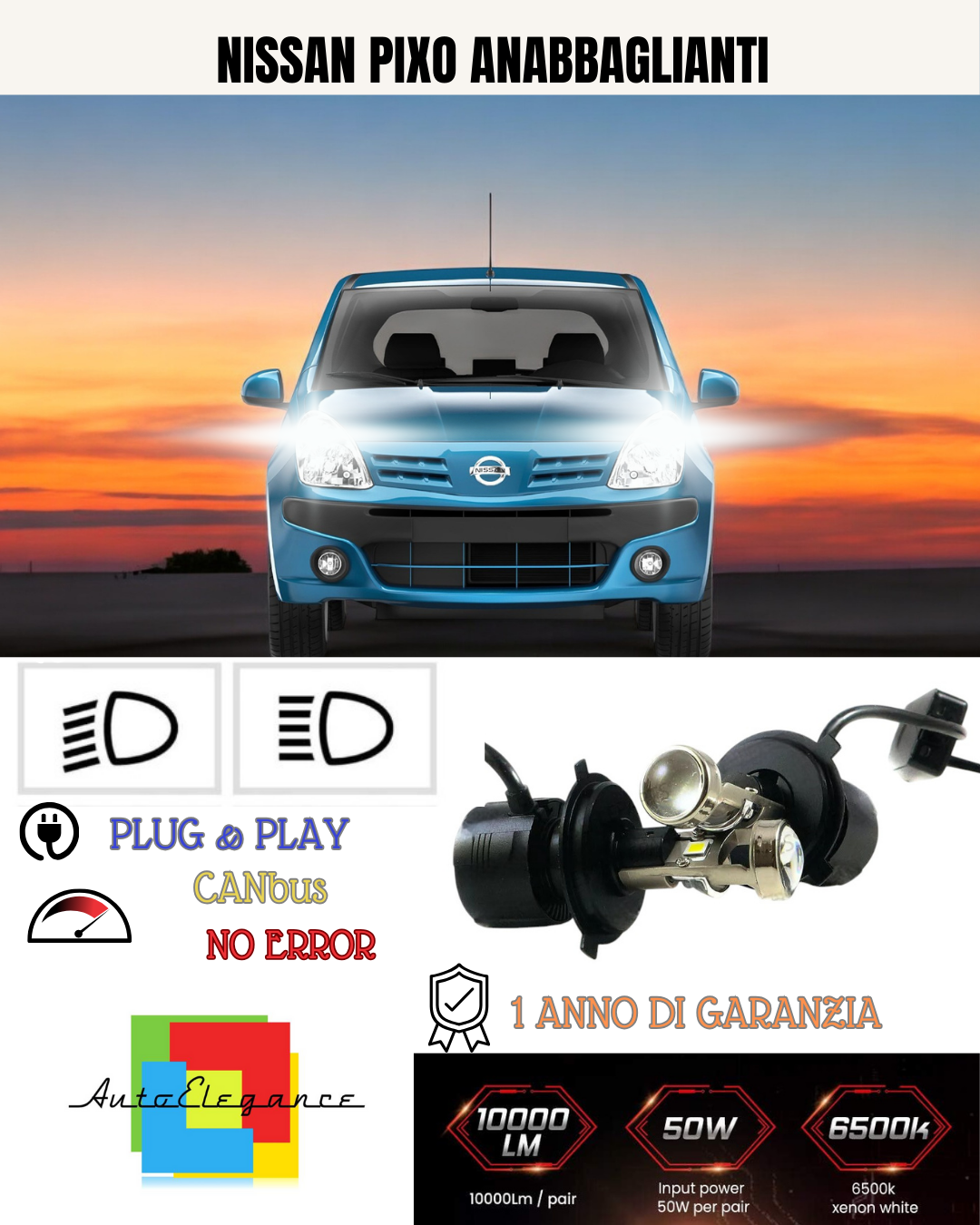 KIT BI-LED H4 PER NISSAN PIXO 18000 LUMEN 6000K